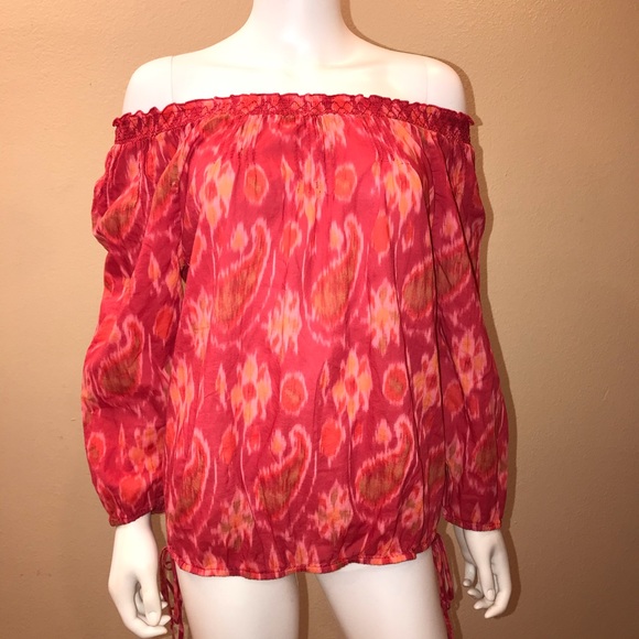 Lucky Brand Boho Peasant Top Womens Size Small On Off Shoulder Pink Orange - Picture 2 of 14